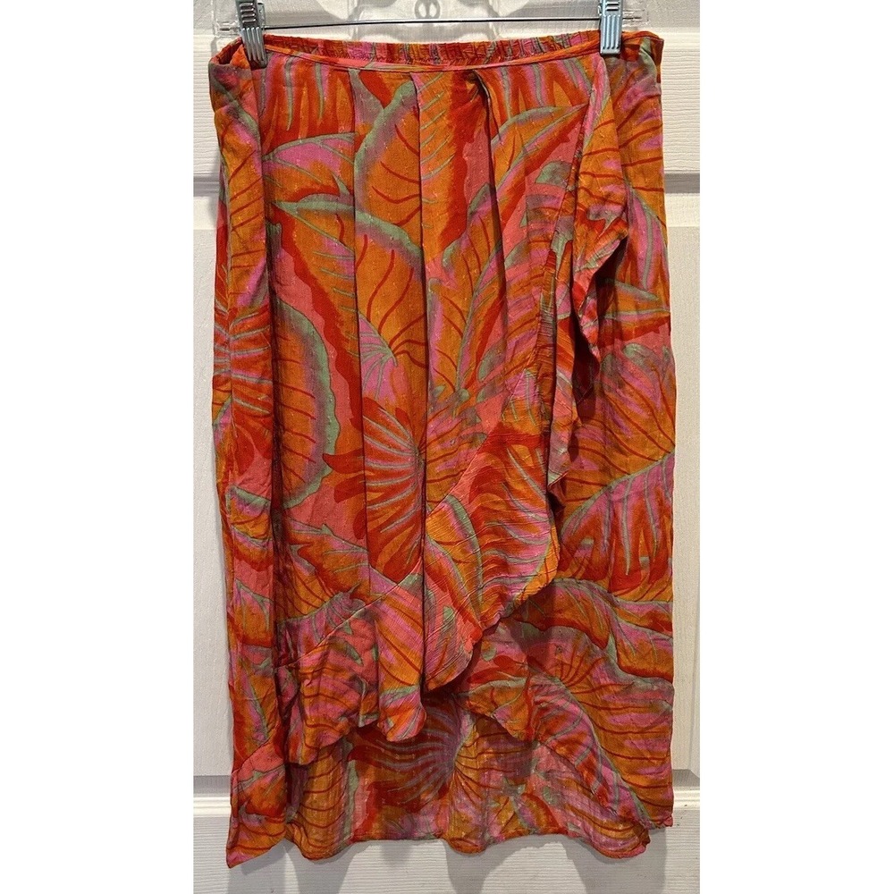 Cynthia‎ Rowley Womens Large Orange Pink Tropical Leaf Ruffle High-Low Skirt